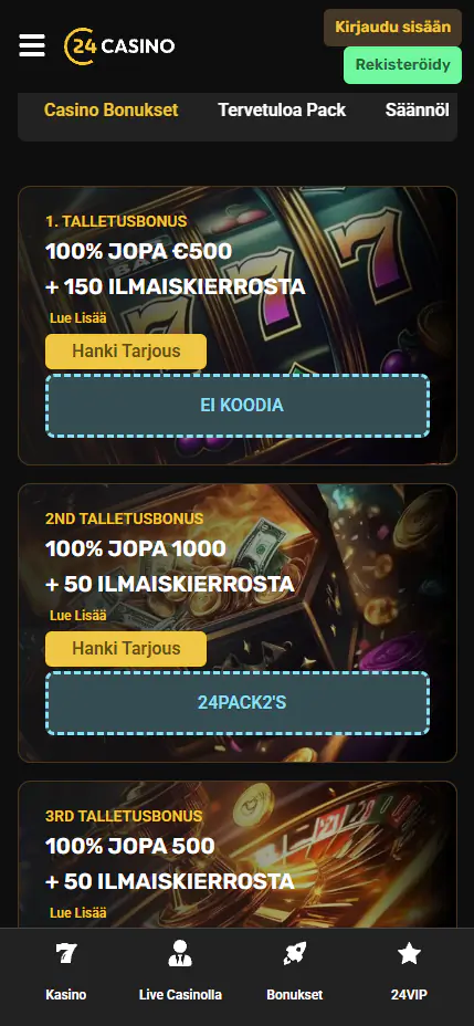 Bonukset ensimmäisestä talletuksesta 24Casino Suomi -palvelussa